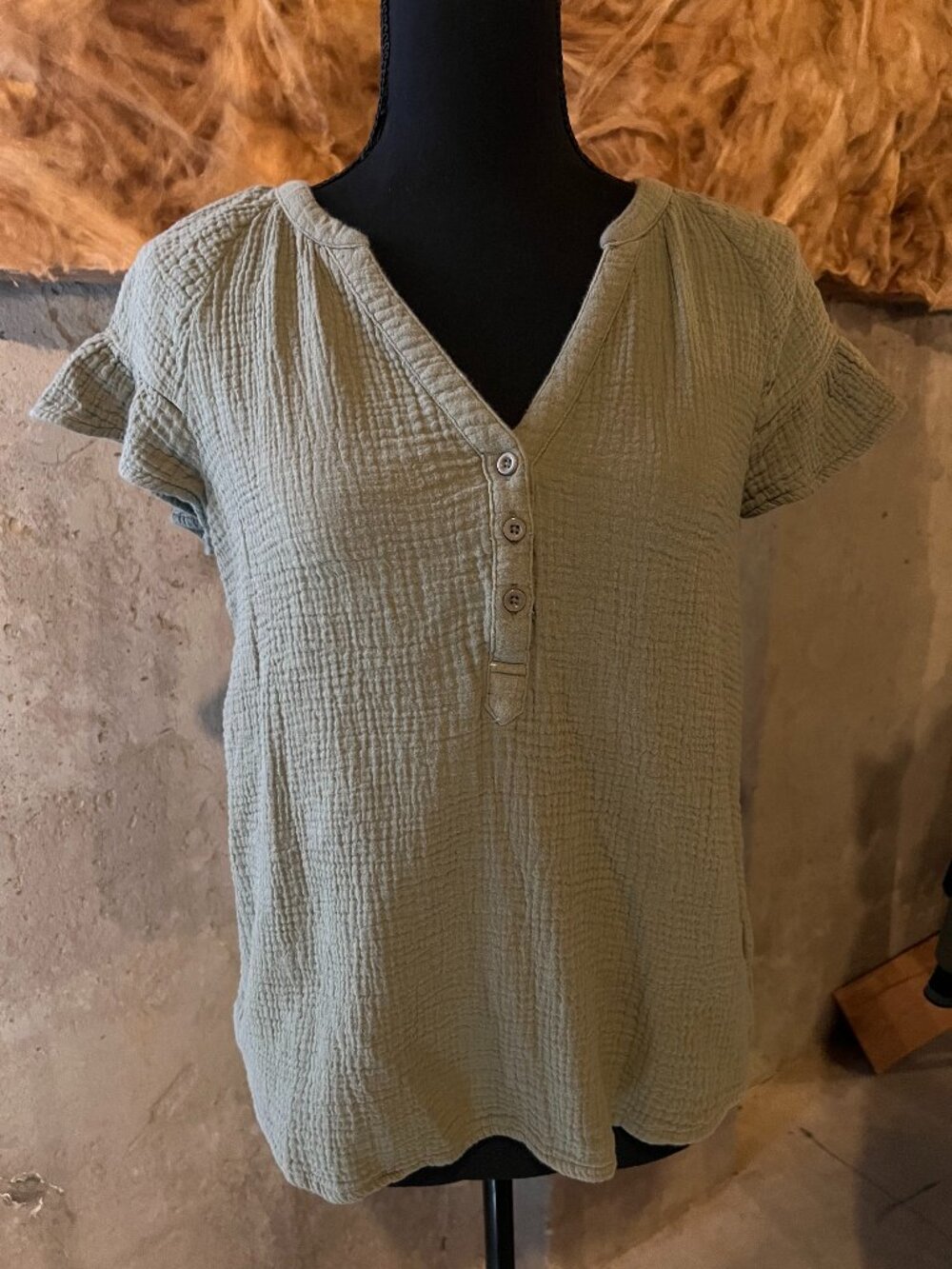 Madewell Lightspun Sage Green Gauze Ruffle-Sleeve Henley
